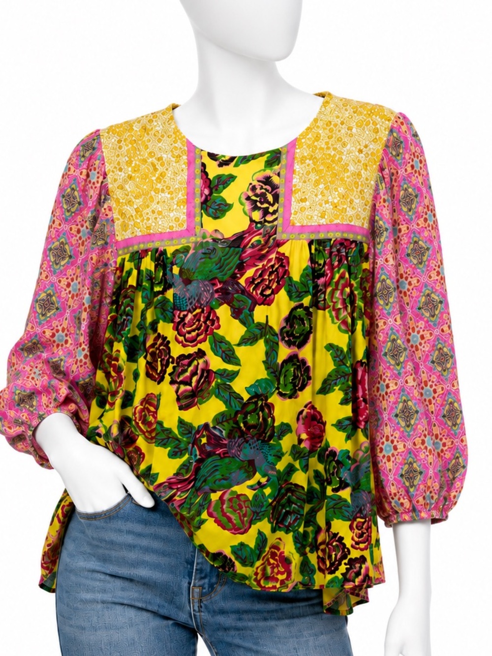 Ivy Jane Boho Mixed Print Top Medium Yellow Floral Bird Puff Sleeve USA